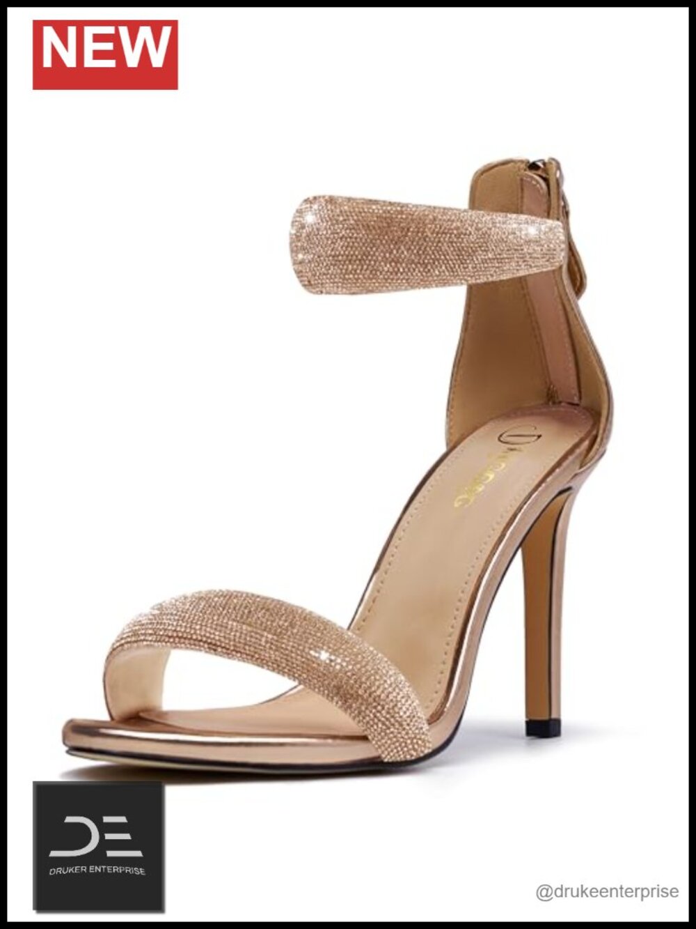 Women's Open Toe Rhinestone Ankle Strap Back Zipper Stiletto Heels Sandals